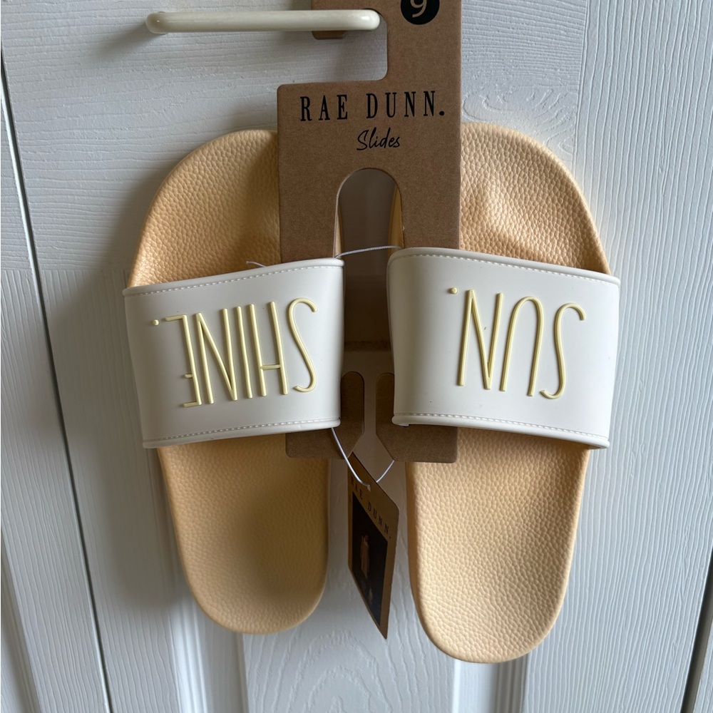 Rae Dunn Soft Yellow & White Slides with Sun Shine Text